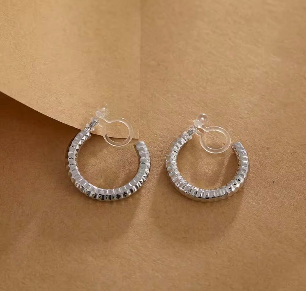 Clip on 1" plastic clasp silver sparkle hoop earrings